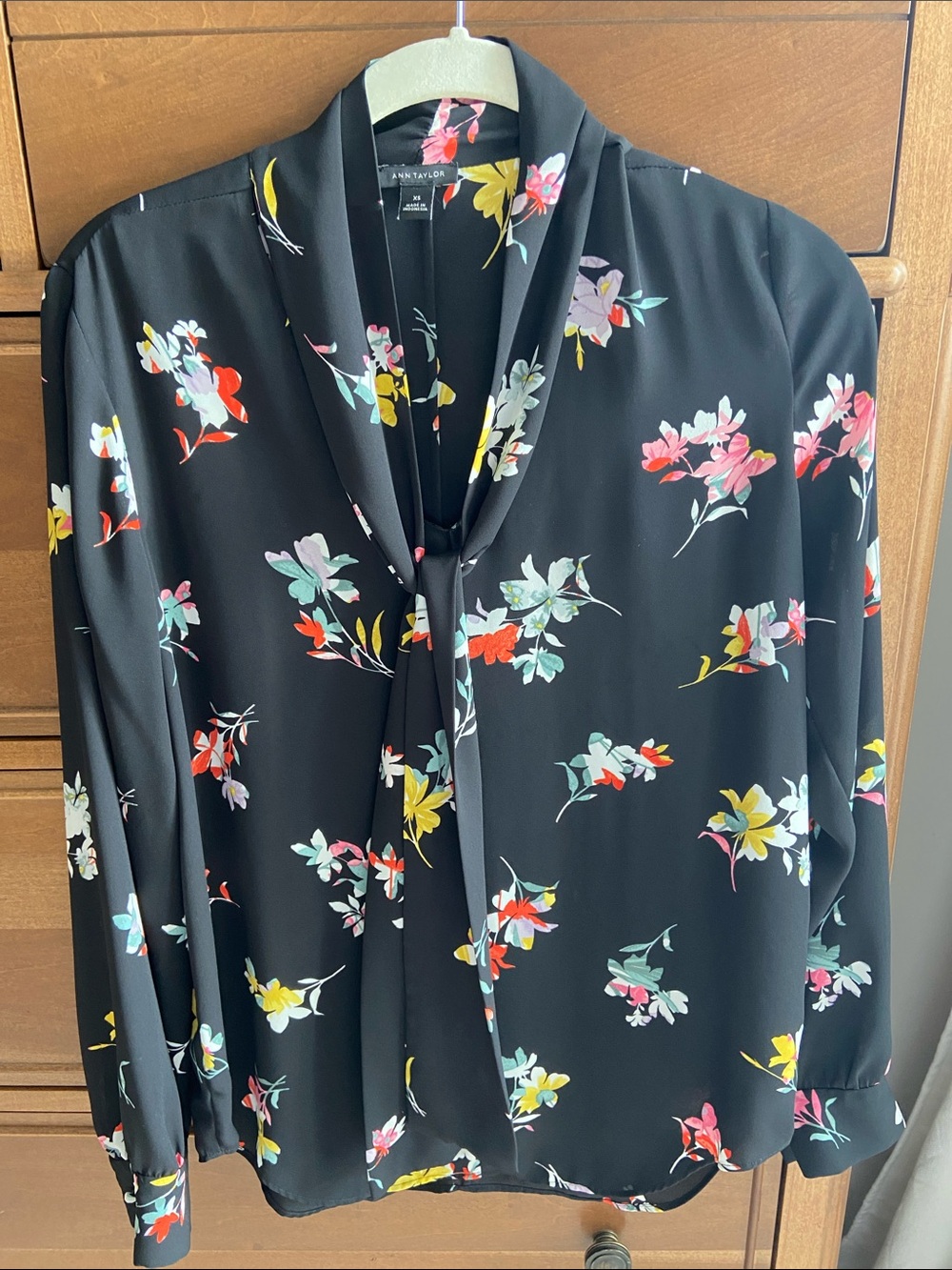 Ann Taylor Black Floral Tie-Neck Blouse with Multicolor Blooms